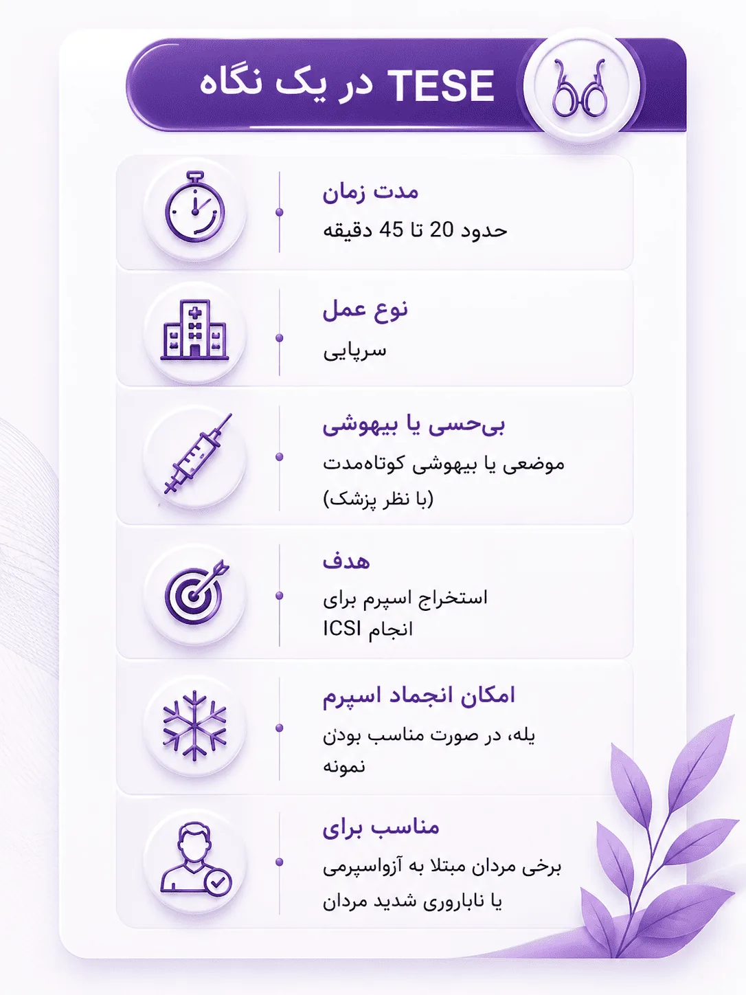 کارت «TESE در یک نگاه» — مدت، نوع عمل، بی‌حسی و هدف